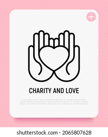 Heart in palms thin line icon. Symbol of charity, care and support each other. Modern vector illustration.
