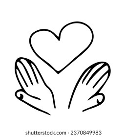 The heart is in the palms of your hands. Romantic illustration. Vector hand-drawn doodles. Design of a postcard, template. Sketch, icon, clipart.