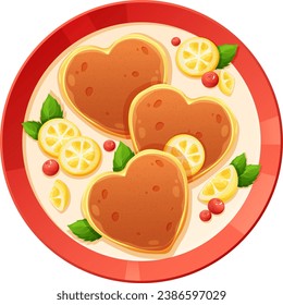 Heart pancakes for Pancake Day with lemon slices, berries and mint leaves, top view. Vector illustration of delicious food in cartoon style