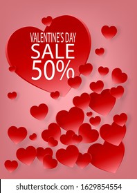 Heart paper art on red heart background concept Valentines day sale. Vector illustration. Cute greeting card.