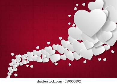 Heart paper craft in trail stream shape on the red fabric background. Concept design for Valentine day or love event in vector illustration
