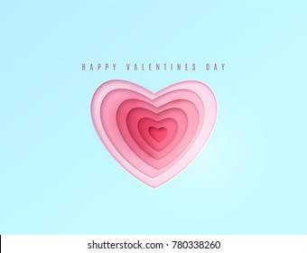 Heart paper cut multi red and pink color layers. Happy valentines day greeting. On light blue background. Vector illustration