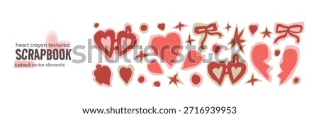 Heart paper cutout collage with texture and crayon elements for love scrapbook. Torn sticker and a cut icon locket shape. Perfect for valentine, bachelorette or craft projects with a hand-drawn feel.