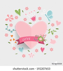 Heart paper with floral bouquets and ribbon, vector illustration.