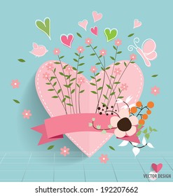 Heart paper with floral bouquets and ribbon, vector illustration.