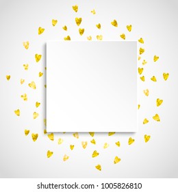 Heart paper frame with gold glitter. February 14th day. Vector confetti with heart paper frame. Festive white banner with hand drawn texture. Love theme for party invite, retail offer and ad.
