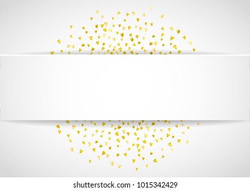 Heart paper frame with gold glitter. February 14th day. Vector confetti with heart paper frame. Festive white banner with hand drawn texture. Love theme for gift coupons, vouchers, ads, events.