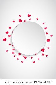 Heart paper frame with red glitter. February 14th day. Vector confetti with heart paper frame. Festive white banner with hand drawn texture. Love theme for gift coupons, vouchers, ads, events.