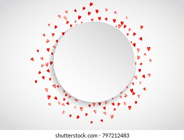 Heart paper frame with red glitter. February 14th day. Vector confetti with heart paper frame. Festive white banner with hand drawn texture. Love theme for voucher, special business ad, banner.