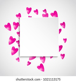 Heart paper frame for Valentine day with glitter. February 14th day. Vector confetti for heart paper frame template. Grunge hand drawn texture. Love theme for flyer, special business offer, promo.