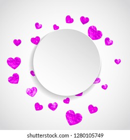Heart paper frame for Valentine day with glitter. February 14th day. Vector confetti for heart paper frame template. Grunge hand drawn texture. Love theme for poster, gift certificate, banner.