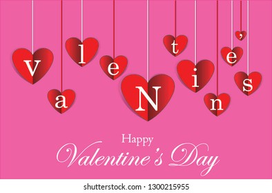Heart Paper Hang with valentine's alphabet with pink background. Spell Valentine's in each heart paper. Valentine's Day