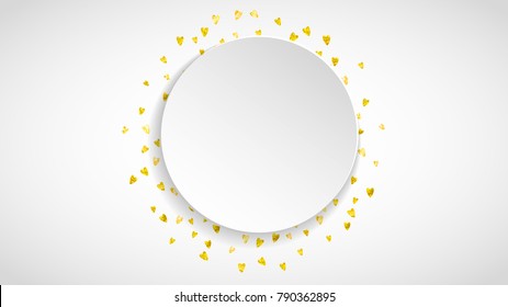 Heart paper label with gold glitter. February 14th day. Vector confetti with heart paper label. Festive white banner with hand drawn texture. Love theme for poster, gift certificate, banner