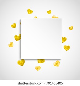 Heart paper label with gold glitter. February 14th day. Vector confetti with heart paper label. Festive white banner with hand drawn texture. Love theme for voucher, special business ad, banner.