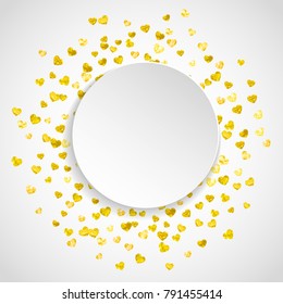 Heart paper label with gold glitter. February 14th day. Vector confetti with heart paper label. Festive white banner with hand drawn texture. Love theme for special business offer, banner, flyer