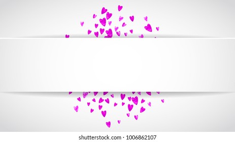 Heart paper label with red glitter. February 14th day. Vector confetti with heart paper label. Festive white banner with hand drawn texture. Love theme for gift coupons, vouchers, ads, events.