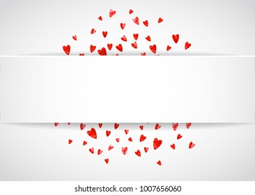 Heart paper label with red glitter. February 14th day. Vector confetti with heart paper label. Festive white banner with hand drawn texture. Love theme for gift coupons, vouchers, ads, events.