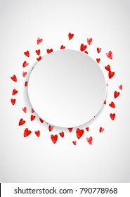 Heart paper label with red glitter. February 14th day. Vector confetti with heart paper label. Festive white banner with hand drawn texture. Love theme for voucher, special business ad, banner.