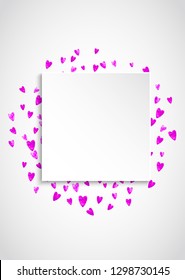 Heart paper label for Valentine day with glitter. February 14th day. Vector confetti for heart paper label template. Grunge hand drawn texture. Love theme for gift coupons, vouchers, ads, events.