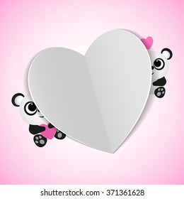 Heart from paper with pandas on a pink background,for your signature,congratulation, stylish vector illustration