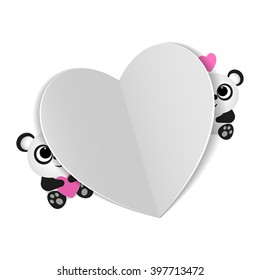 Heart from paper  with pandas on a white background,for your signature,congratulation, stylish vector illustration