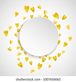 Heart paper plate with gold glitter. February 14th day. Vector confetti with heart paper plate. Festive white banner with hand drawn texture. Love theme for party invite, retail offer and ad.