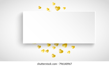 Heart paper plate with gold glitter. February 14th day. Vector confetti with heart paper plate. Festive white banner with hand drawn texture. Love theme for voucher, special business ad, banner
