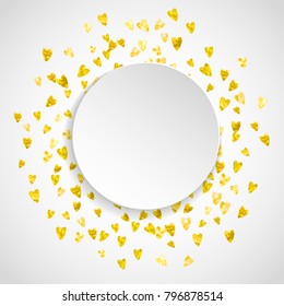 Heart paper plate with gold glitter. February 14th day. Vector confetti with heart paper plate. Festive white banner with hand drawn texture. Love theme for flyer, special business offer, promo