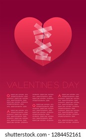 Heart paper tear repair by adhesive tape, Valentine's day concept layout poster template design illustration isolated on white background with copy space