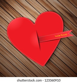 Heart from paper Valentines day card on wood background, vector template design