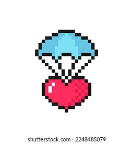 Heart parachute icon in pixel art design. Love symbol for Valentine's Day or birthday. Isolated on white background vector sign.