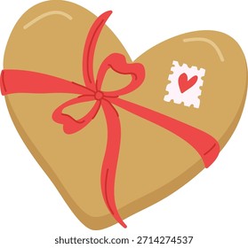 Heart parcel wrapped with ribbon and small stamp, soft highlights and clean shapes. Symbol of love, gift, romance, delivery, and surprise for holiday marketing. Cartoon vector illustration.