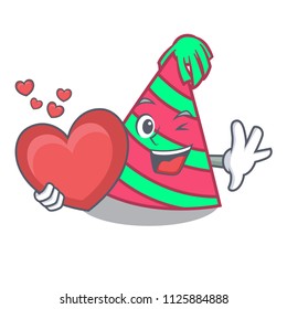 With heart party hat mascot cartoon