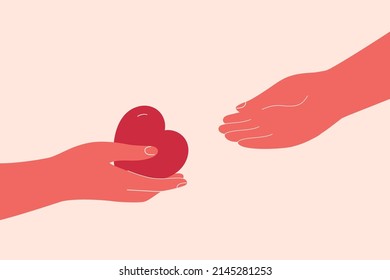 Heart is passing from hand to hand. Volunteer or friend shares empathy and support for needy person. Concept of social aid, psychological help, donation and charitable. Vector illustration. svg