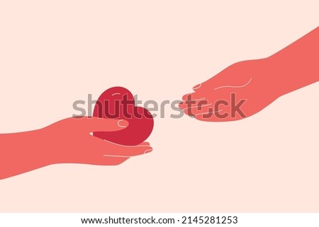 Heart is passing from hand to hand. Volunteer or friend shares empathy and support for needy person. Concept of social aid, psychological help, donation and charitable. Vector illustration.