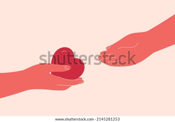 Heart\
is passing from hand to hand. Volunteer or friend shares empathy\
and support for needy person. Concept of social aid, psychological\
help, donation and charitable. Vector\
illustration.