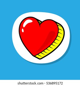 Heart patch badge, sticker. Love symbol. Valentine's Day icon isolated on blue. Fashion 80s-90s retro style. Cute Comic, Pop art cool sign, pin. Vector cartoon illustration