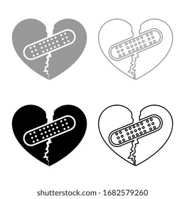 Heart with patch connecting two halves icon outline set black grey color vector illustration flat style image
