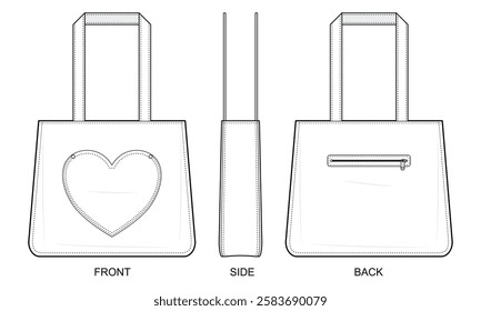 Heart Patch Tote Bag Technical Fashion Illustration. Structured Handbag with Front Heart Pocket and Back Zippered Compartment. Reinforced Handles. Stylish Everyday Carryall. CAD Mockup Set.