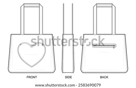 Heart Patch Tote Bag Technical Fashion Illustration. Structured Handbag with Front Heart Pocket and Back Zippered Compartment. Reinforced Handles. Stylish Everyday Carryall. CAD Mockup Set.