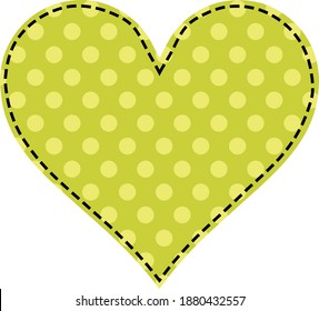 Heart in patchwork sewing yellow polka dots on green background