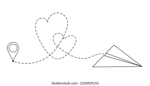Heart path.Flying paper airplane with dotted air route and map pointer.Paper plane line icon with a hearts.Valentines Day.Love travel route.Airplane line path icon .