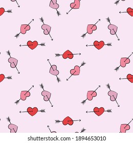 Heart pattern with an arrow. Illustration for Valentine's Day. Idea for gift wrapping paper, bag decoration, fabrics.