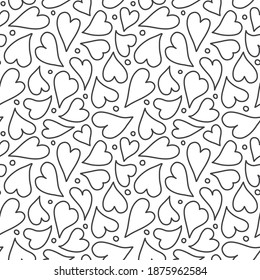 Heart pattern background. Black and white outline hearts and dots in a tossed seamless repeat. Vector illustration.