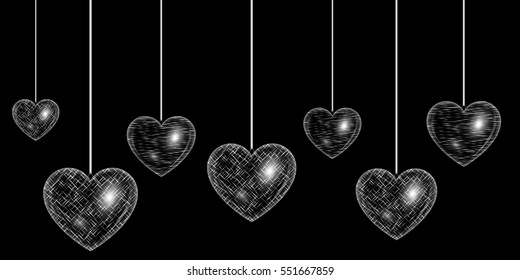 Heart pattern background with shining light. Sequins vector on a black backdrop.

