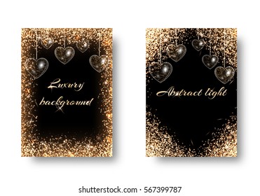 Heart pattern background with shining light. Sequins texture on a black backdrop. Design for a card on Valentine's Day. Festive illustration
