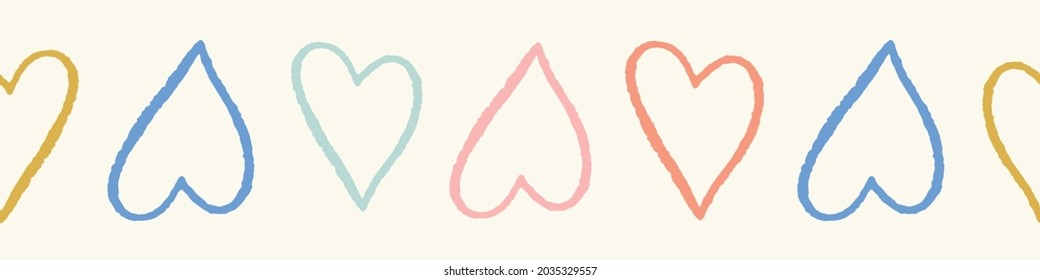 Heart Pattern Border Design. Seamless Vector Repeat Background Banner Of Colourful Outlined Cute Love Hearts. Fun Valentine Resource Element. Hand Drawn Illustration.