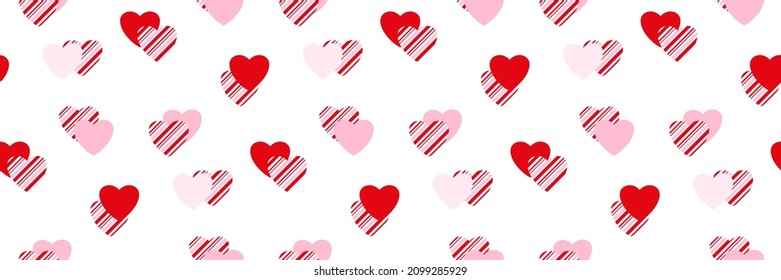 Heart pattern, candy cane, peppermint striped textured hearts seamless pattern. Happy Valentines day background