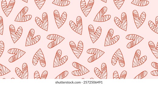 Heart pattern, chalk drawing, sketch. Valentine's day. Hand drawn icons, doodles. Repeating background. Seamless texture.