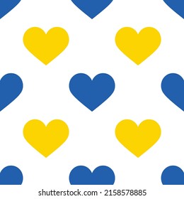Heart pattern with colors of the Ukrainian flag. Vector blue and yellow elements on the white background. Seamless texture. Patriotic Ukraine. Pray for Ukraine.